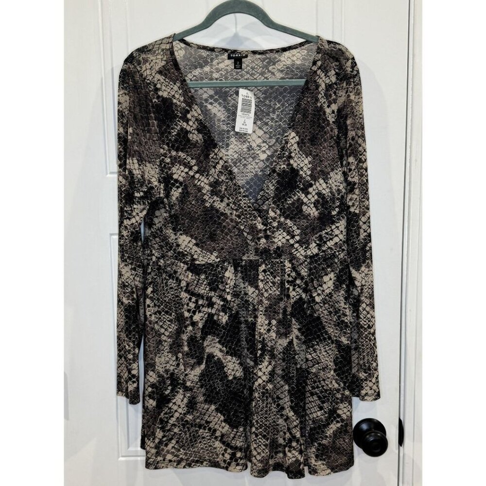 NWT Torrid Snake Print Sheer Mesh Surplice Babydoll Top 2xl Black Grey Tan Tunic